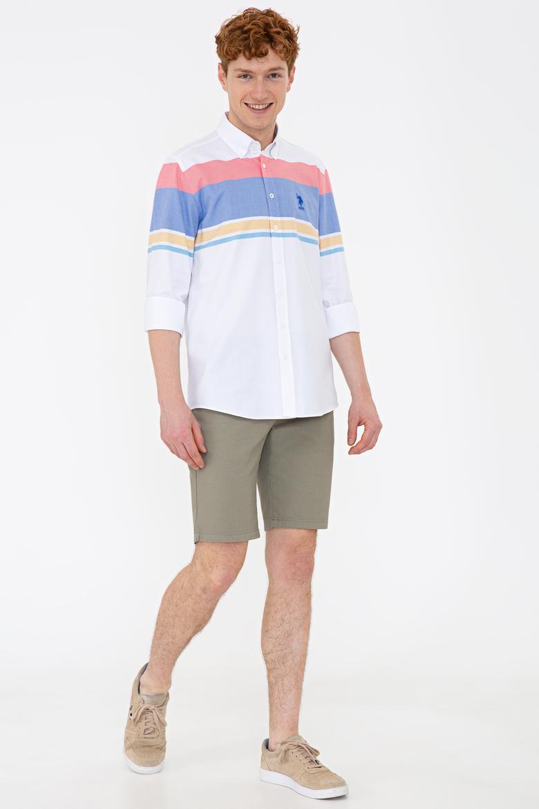 Erkek Kırmızı Mavi Yatay Blok Çizgili Gömlek Uzunkol - 50235214021