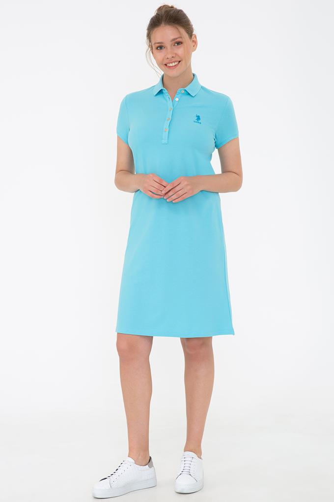 Kadın Turkuaz Polo Yaka Örme Elbise
