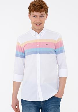 Erkek Sarı Mavi Yatay Çizgili Gömlek Uzunkol - 50235228014