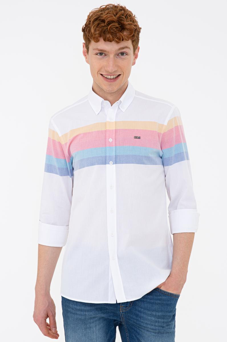 Erkek Sarı Mavi Yatay Çizgili Gömlek Uzunkol