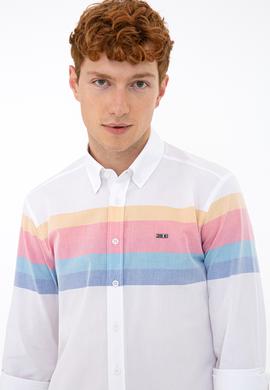 Erkek Sarı Mavi Yatay Çizgili Gömlek Uzunkol - 50235228014