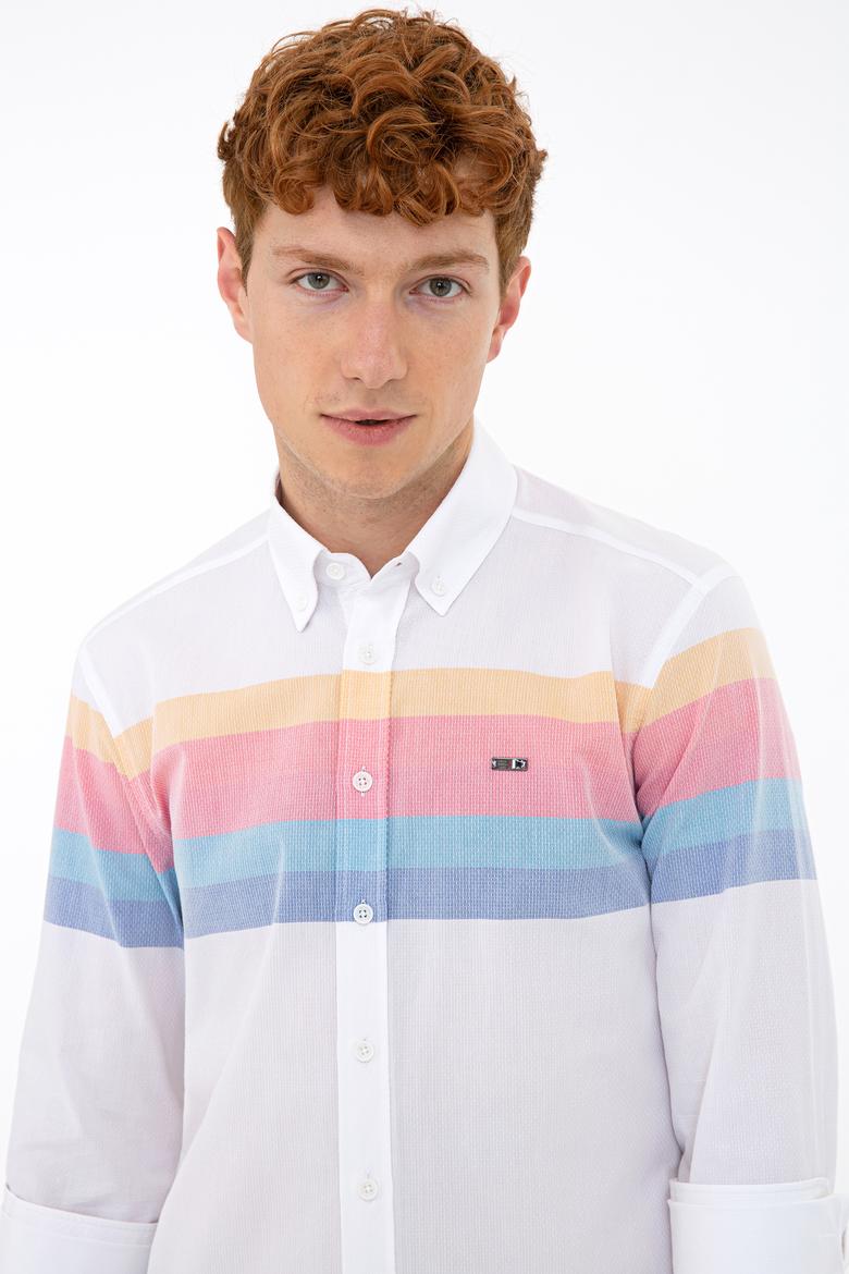 Erkek Sarı Mavi Yatay Çizgili Gömlek Uzunkol - 50235228014