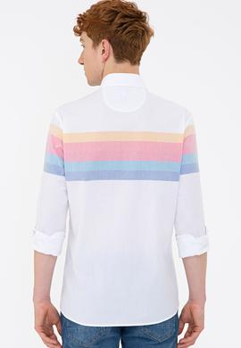 Erkek Sarı Mavi Yatay Çizgili Gömlek Uzunkol - 50235228014