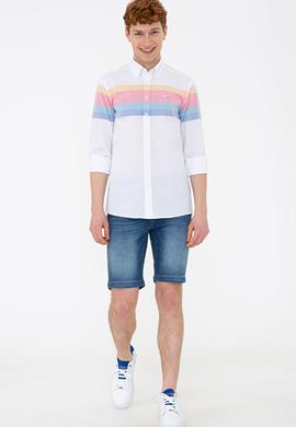 Erkek Sarı Mavi Yatay Çizgili Gömlek Uzunkol - 50235228014