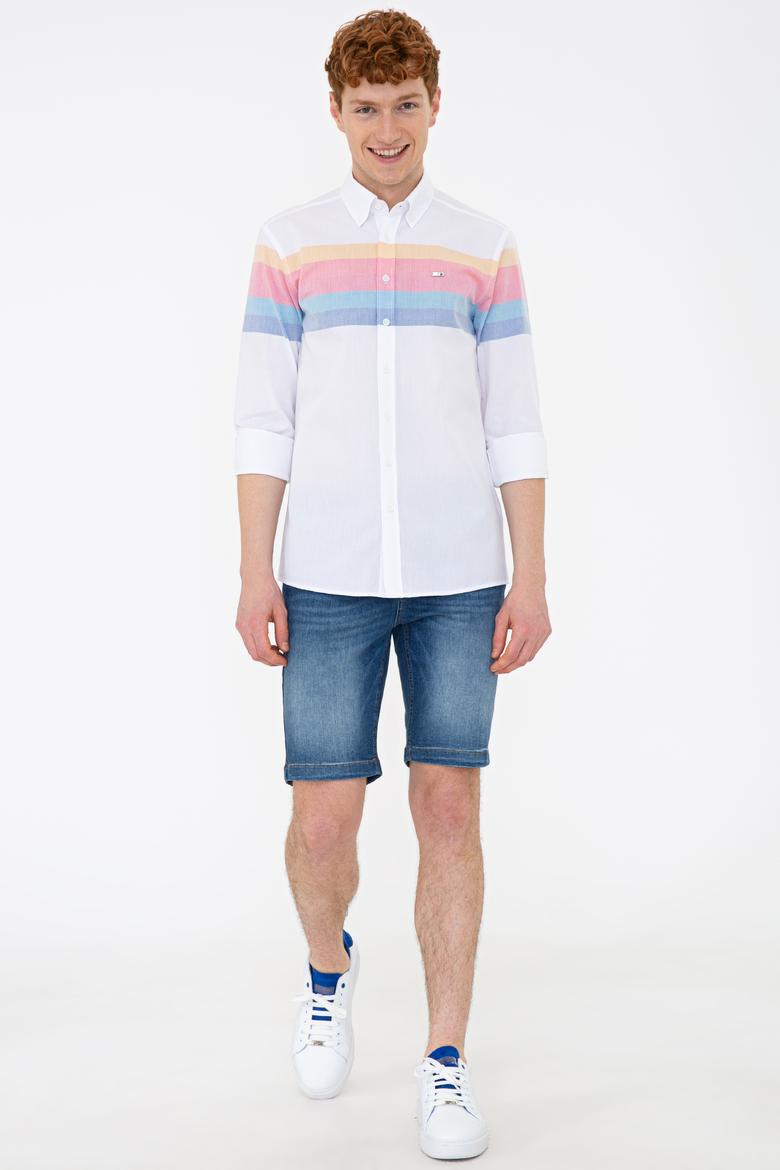 Erkek Sarı Mavi Yatay Çizgili Gömlek Uzunkol - 50235228014