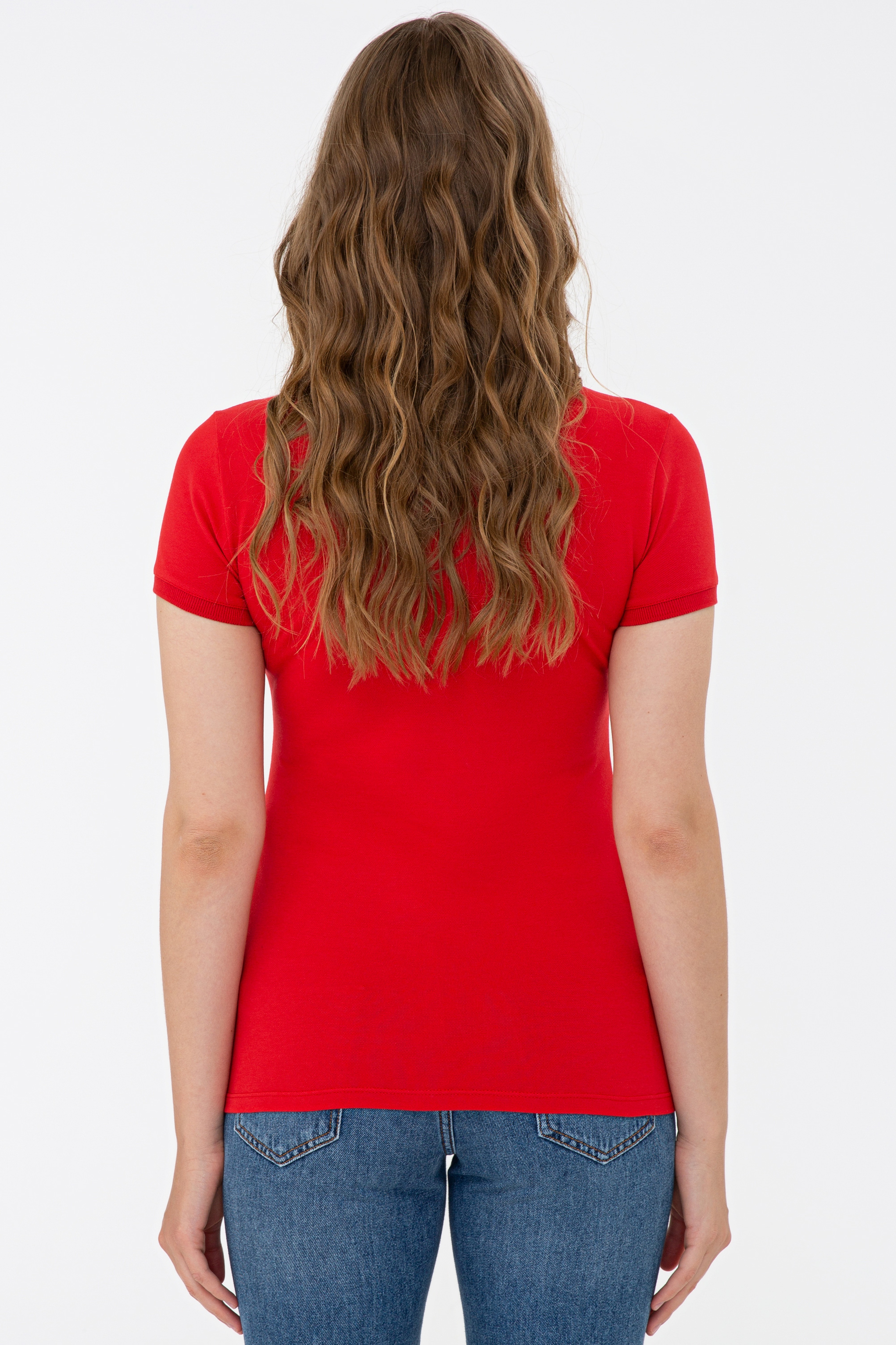 Kadın Kırmızı Basic Polo Yaka Tişört - Image 3