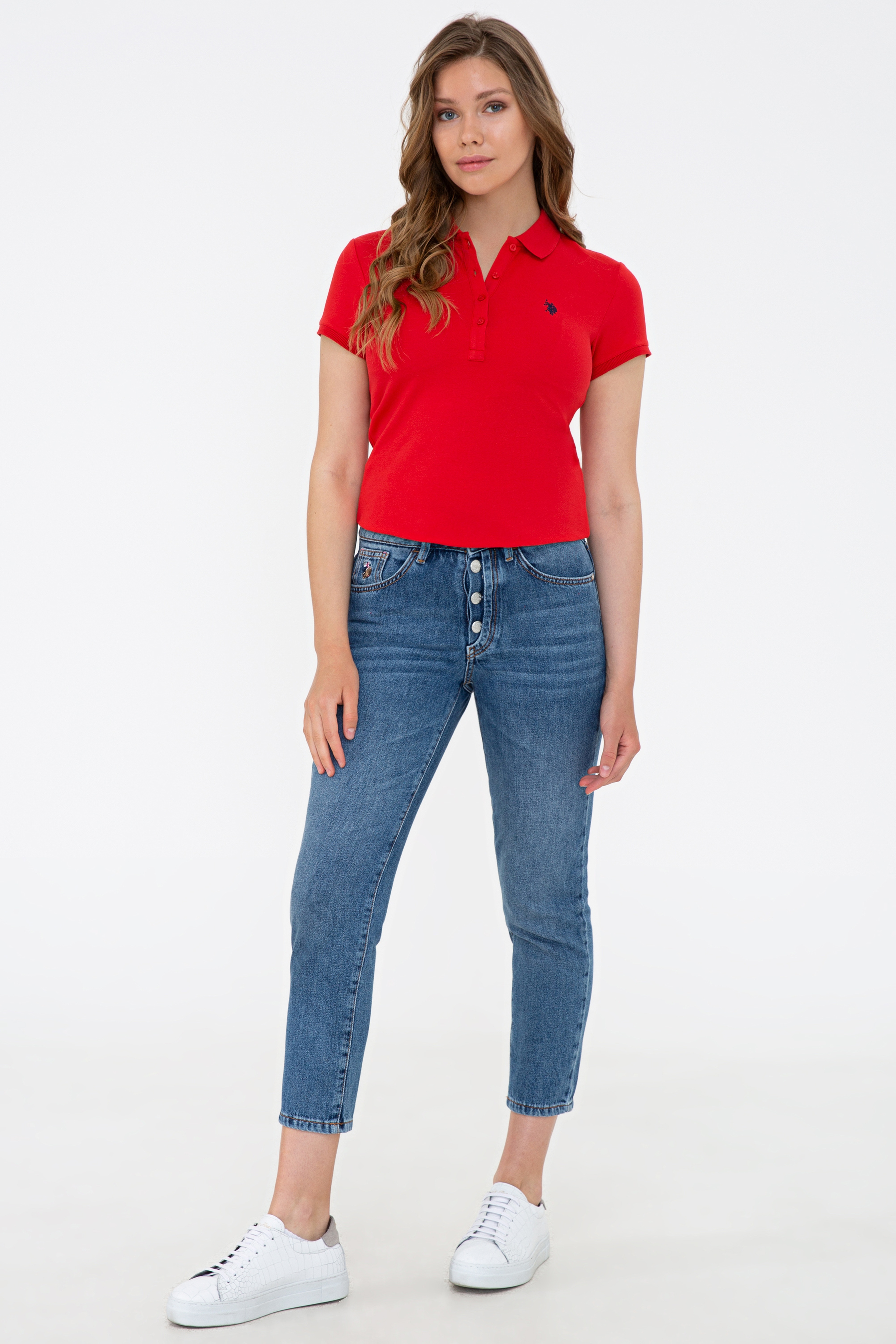 Kadın Kırmızı Basic Polo Yaka Tişört - Image 4