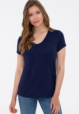 Kadın Lacivert V Yaka Basic Tişört - 50234861014