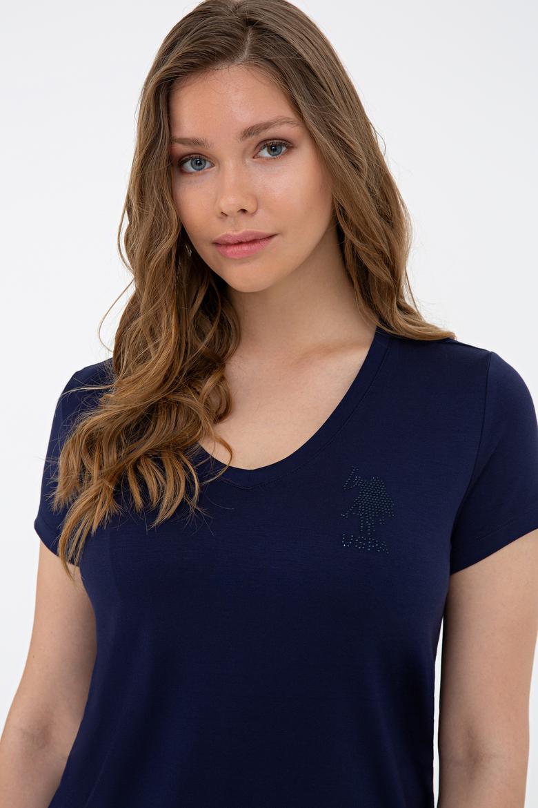 Kadın Lacivert V Yaka Basic Tişört - 50234861014