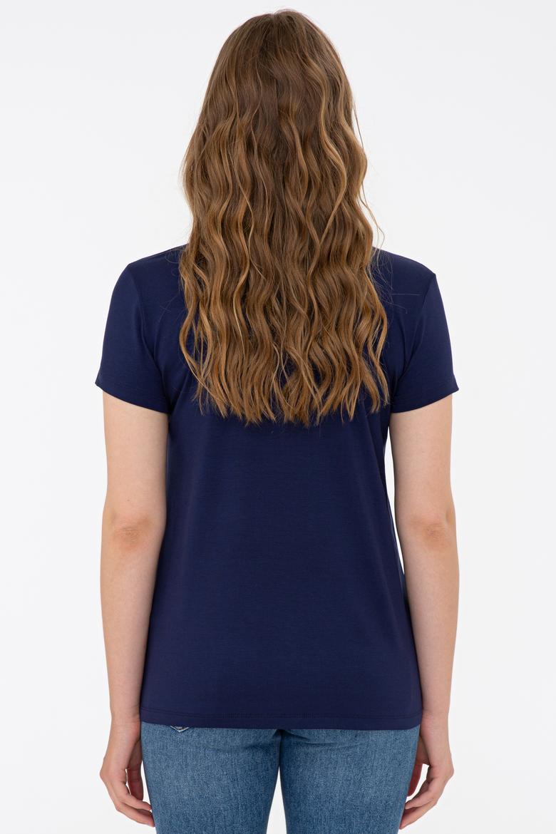 Kadın Lacivert V Yaka Basic Tişört - 50234861014
