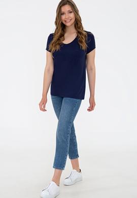 Kadın Lacivert V Yaka Basic Tişört - 50234861014