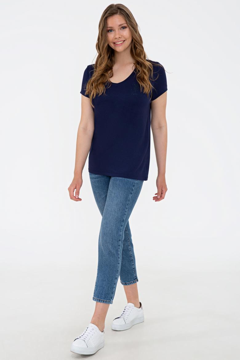 Kadın Lacivert V Yaka Basic Tişört - 50234861014