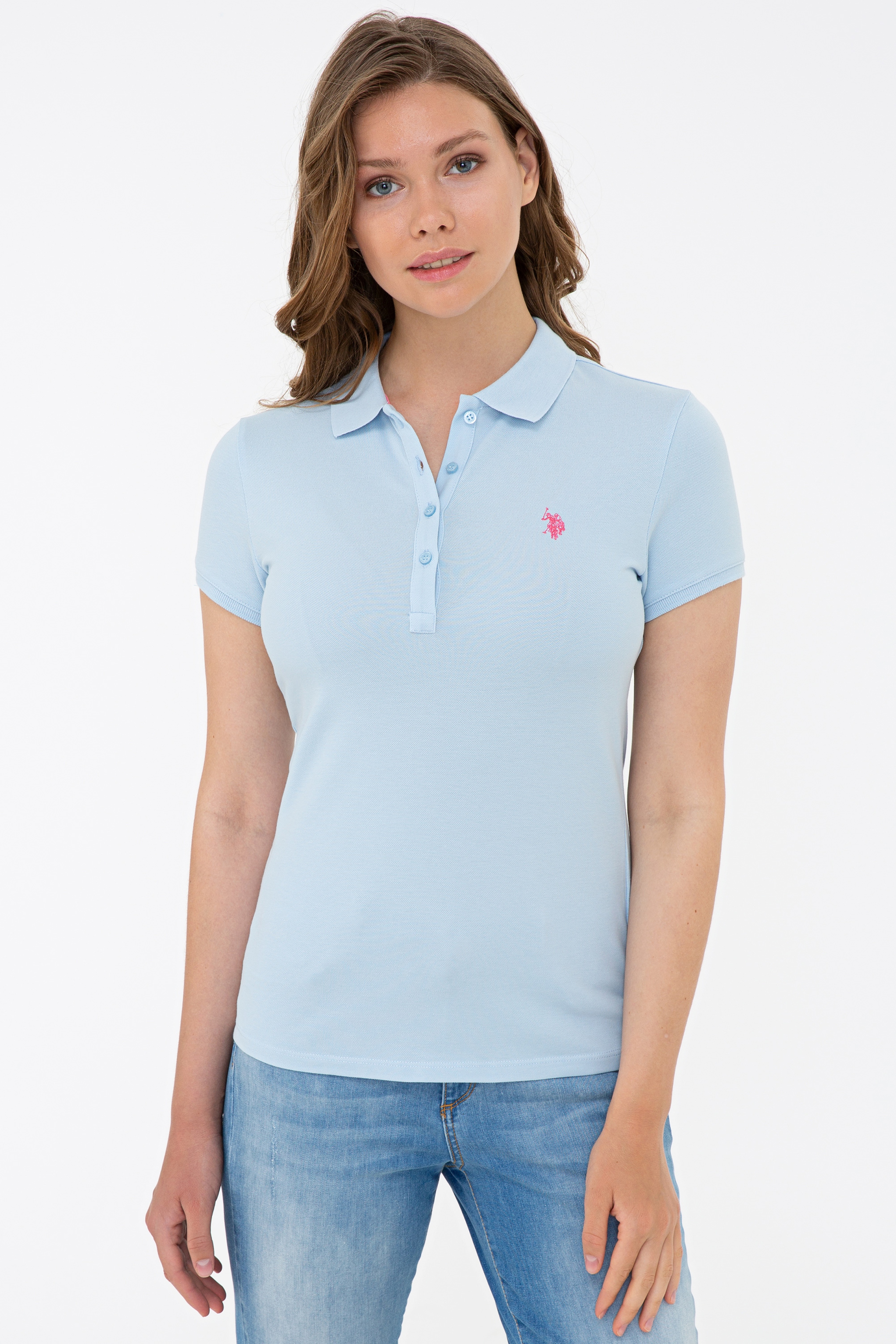 Kadın Açık Mavi Basic Polo Yaka Tişört - Image 1