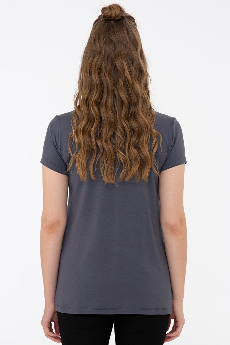 Kadın Antrasit V Yaka Basic Tişört - 50234861030