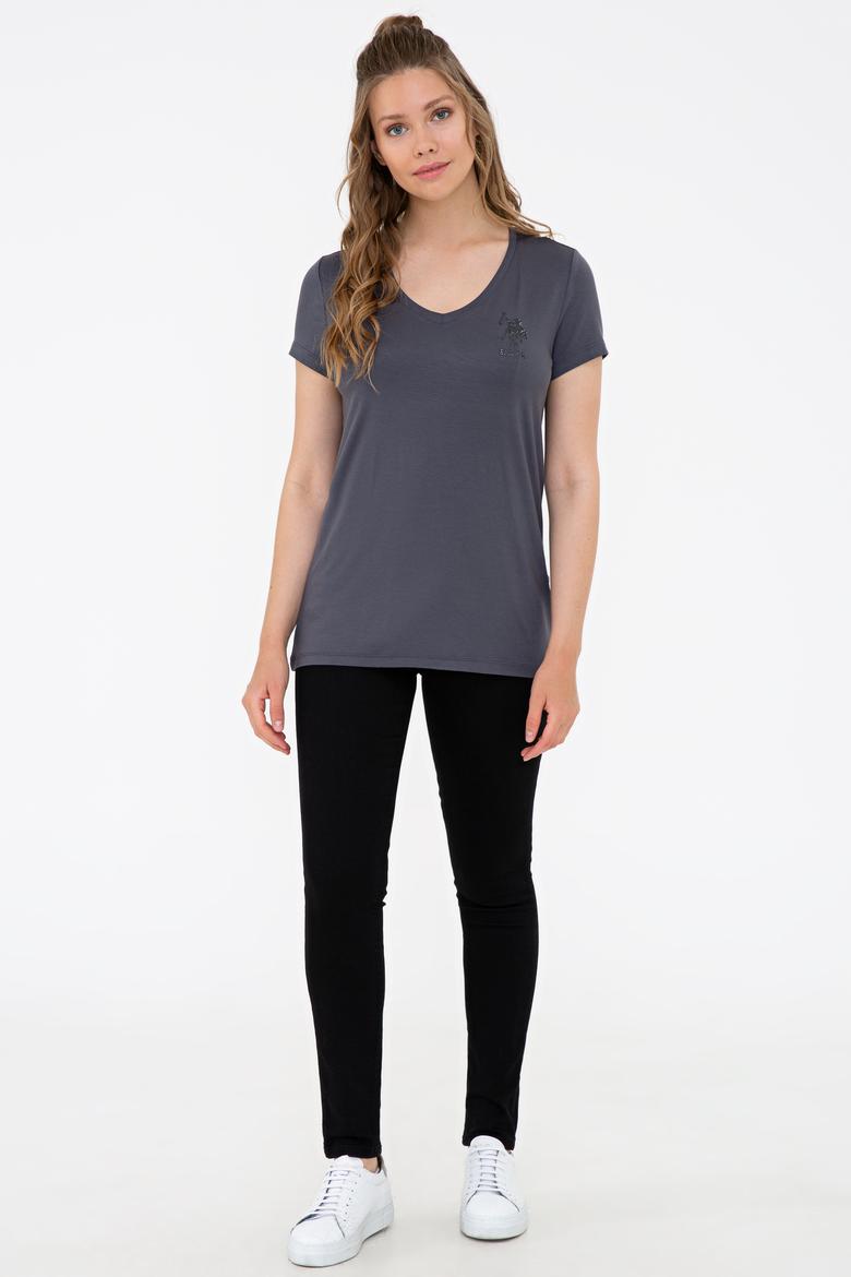 Kadın Antrasit V Yaka Basic Tişört - 50234861030