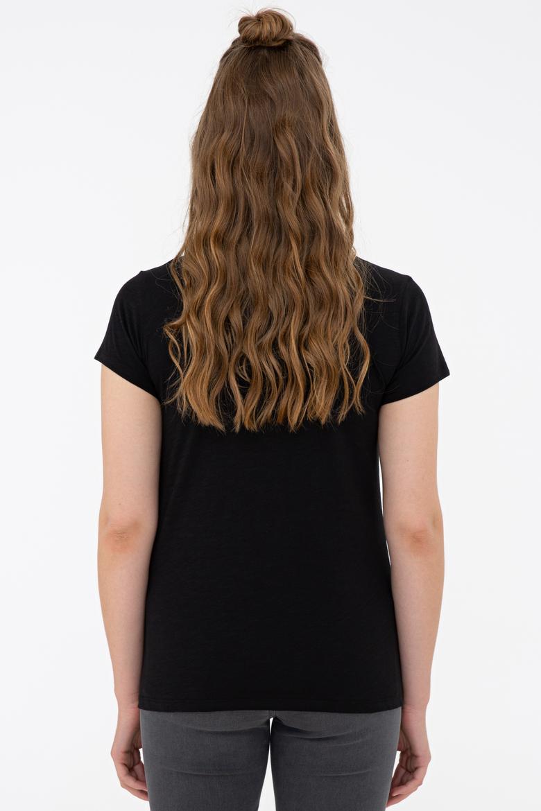 Kadın Siyah Bisiklet Yaka Tişört - 50238124030