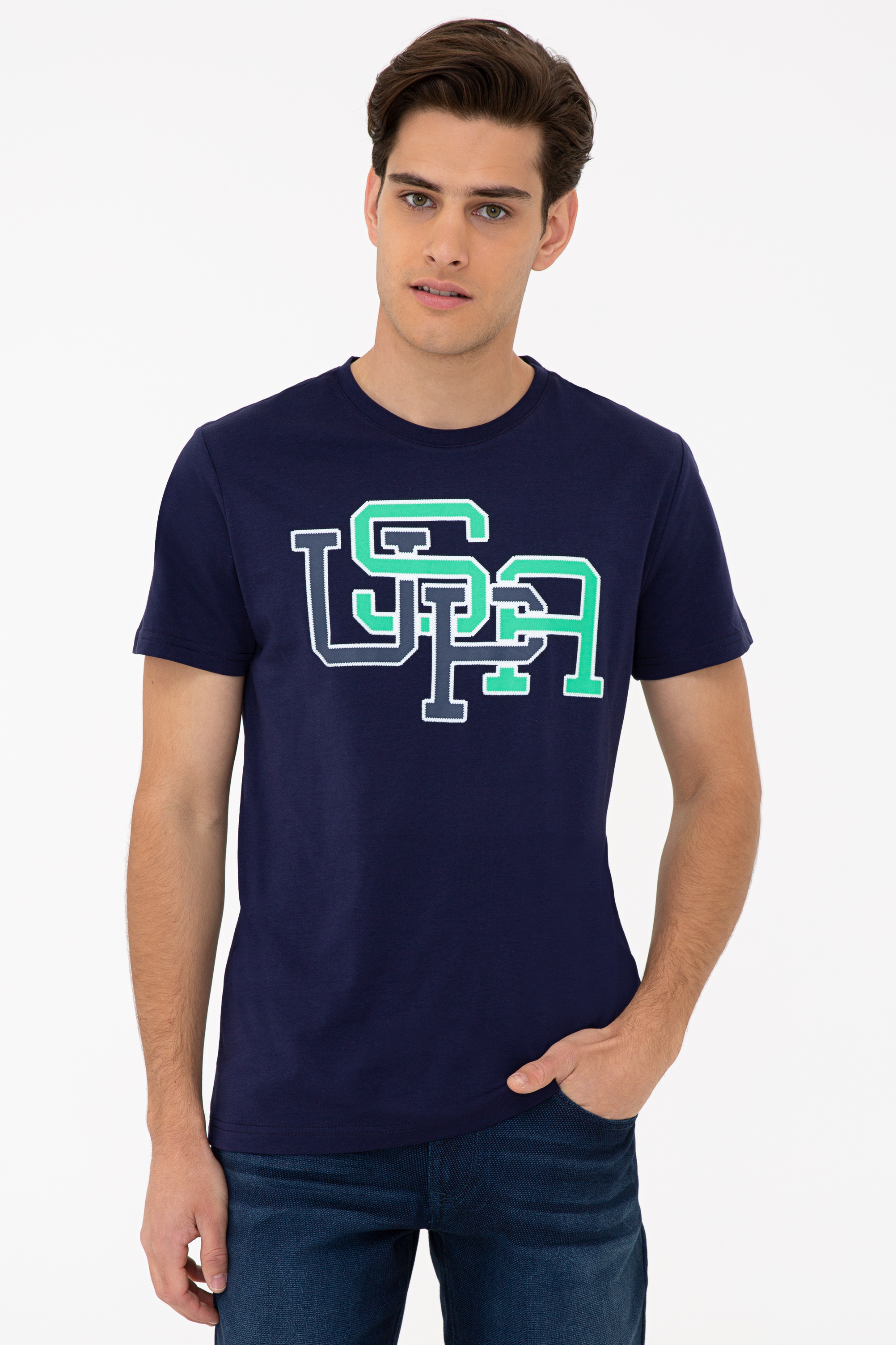Erkek Lacivert Bisiklet Yaka T-Shirt - Image 1