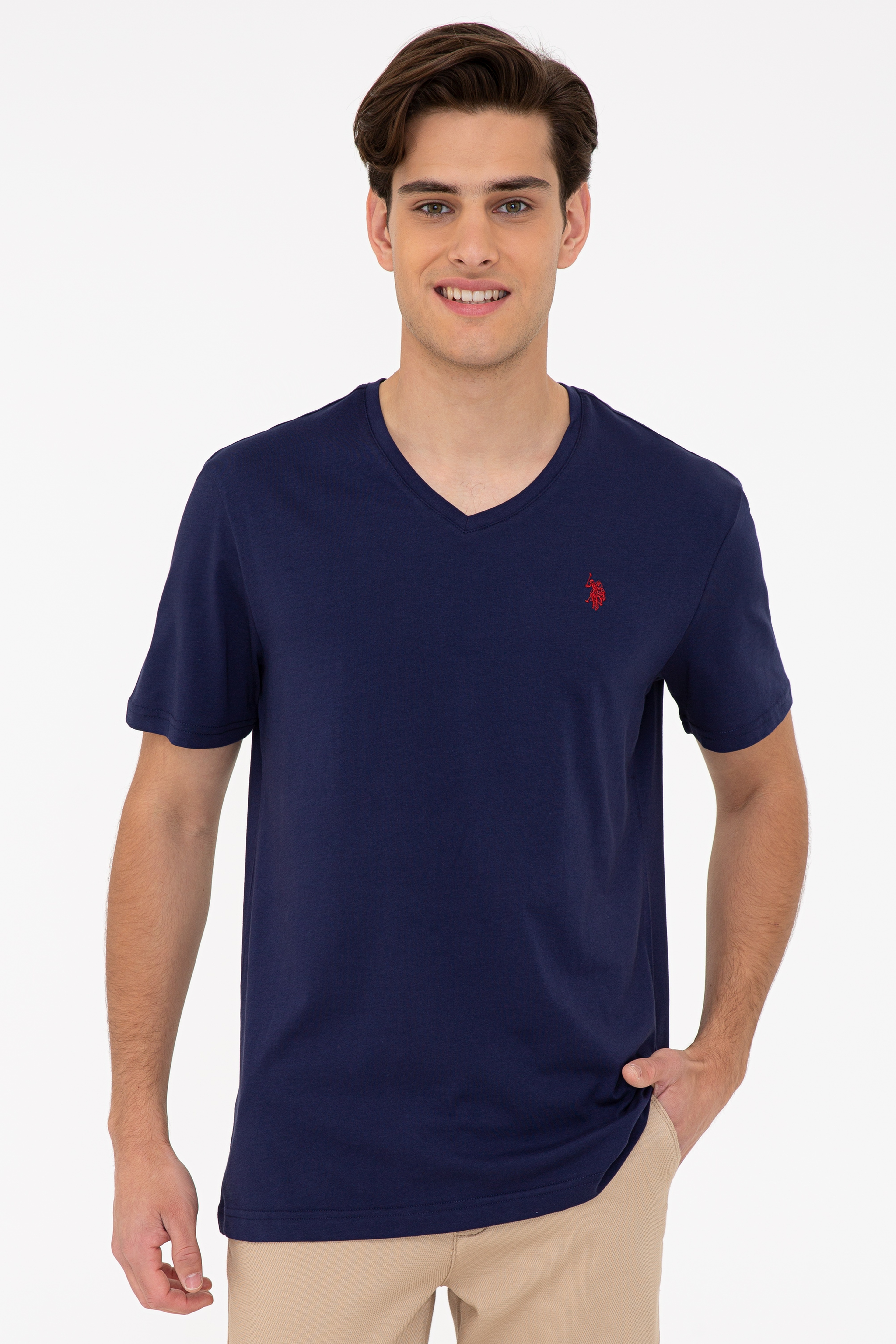 Erkek Regular Fit V Yaka Lacivert Basic Tişört - Image 1
