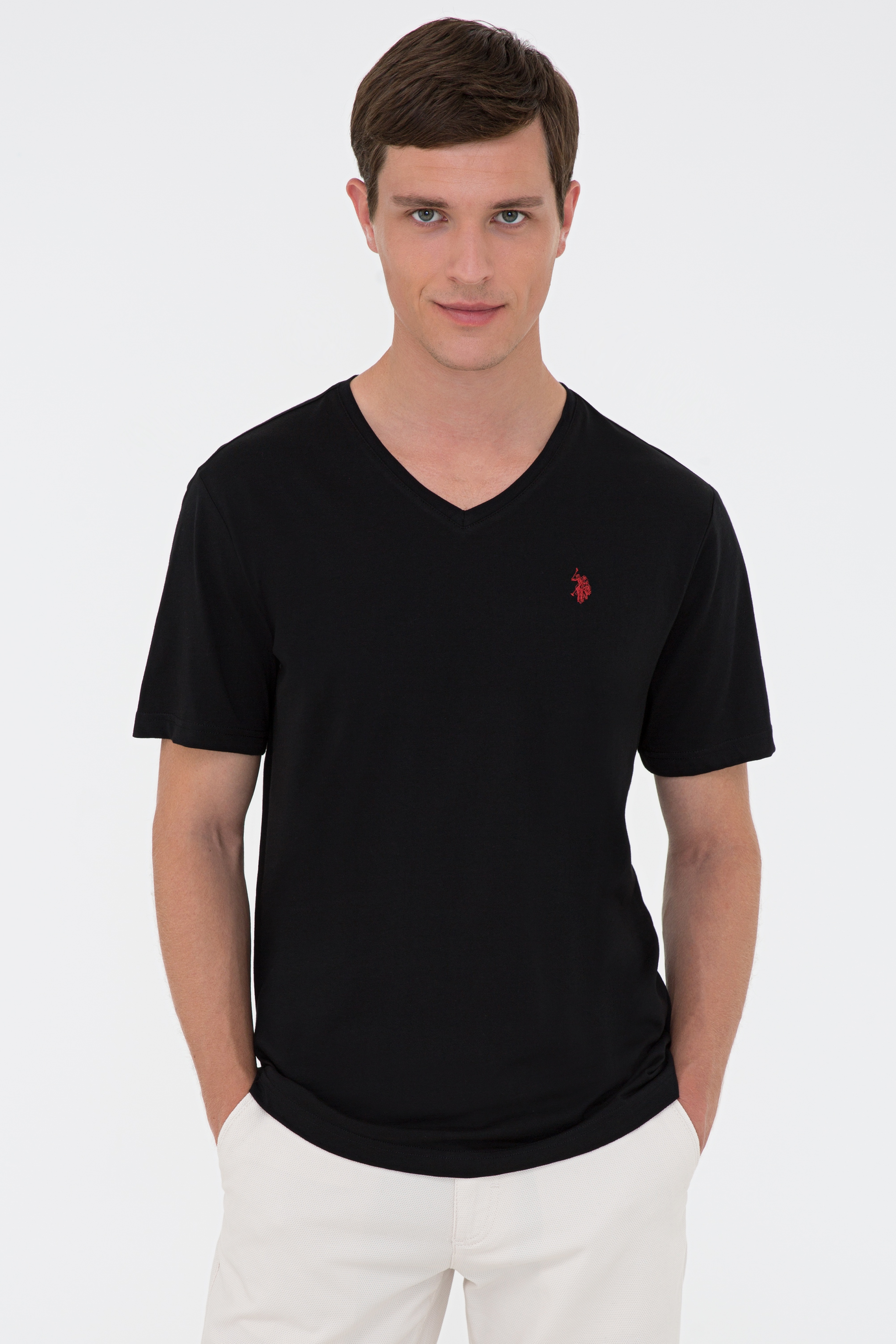 Erkek Regular Fit V Yaka Siyah Basic Tişört - Image 1