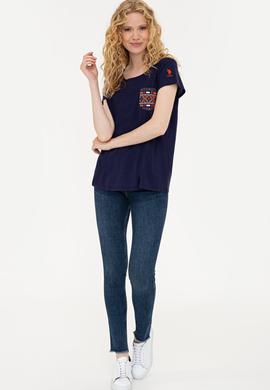 Kadın Lacivert Bisiklet Yaka T-Shirt - 50238086006