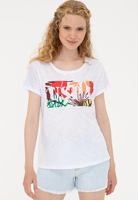 Kadın Beyaz Bisiklet Yaka T-Shirt - 50238103015