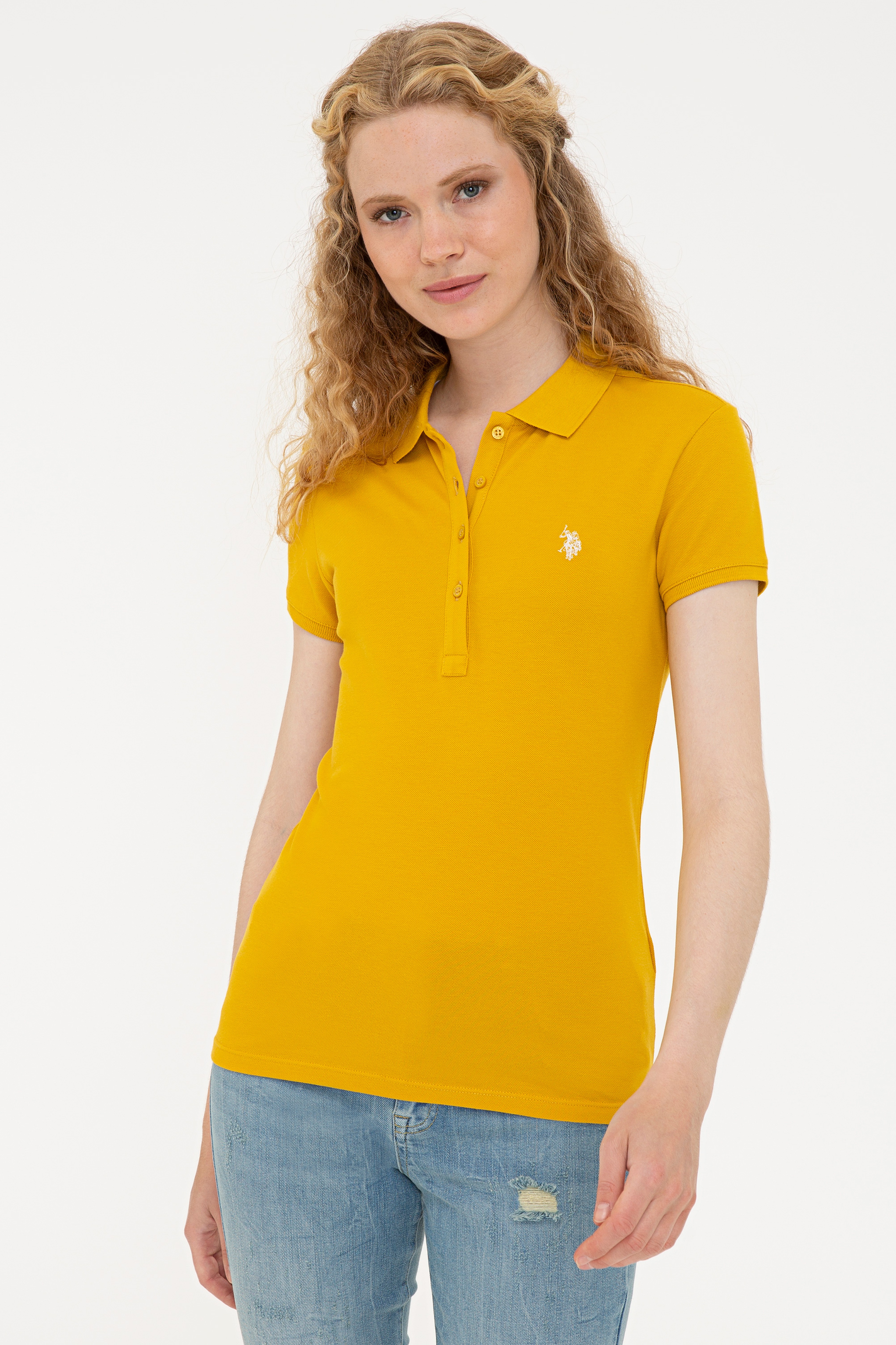 Kadın Sarı Basic Polo Yaka Tişört - Image 1