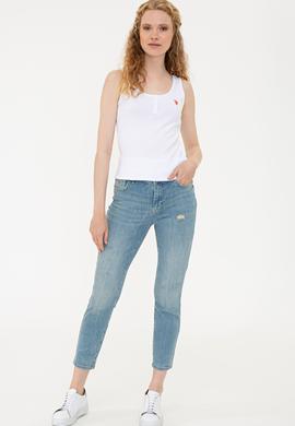 Kadın Beyaz Derin Bisiklet Yaka T-Shirt Basic - 50234724009