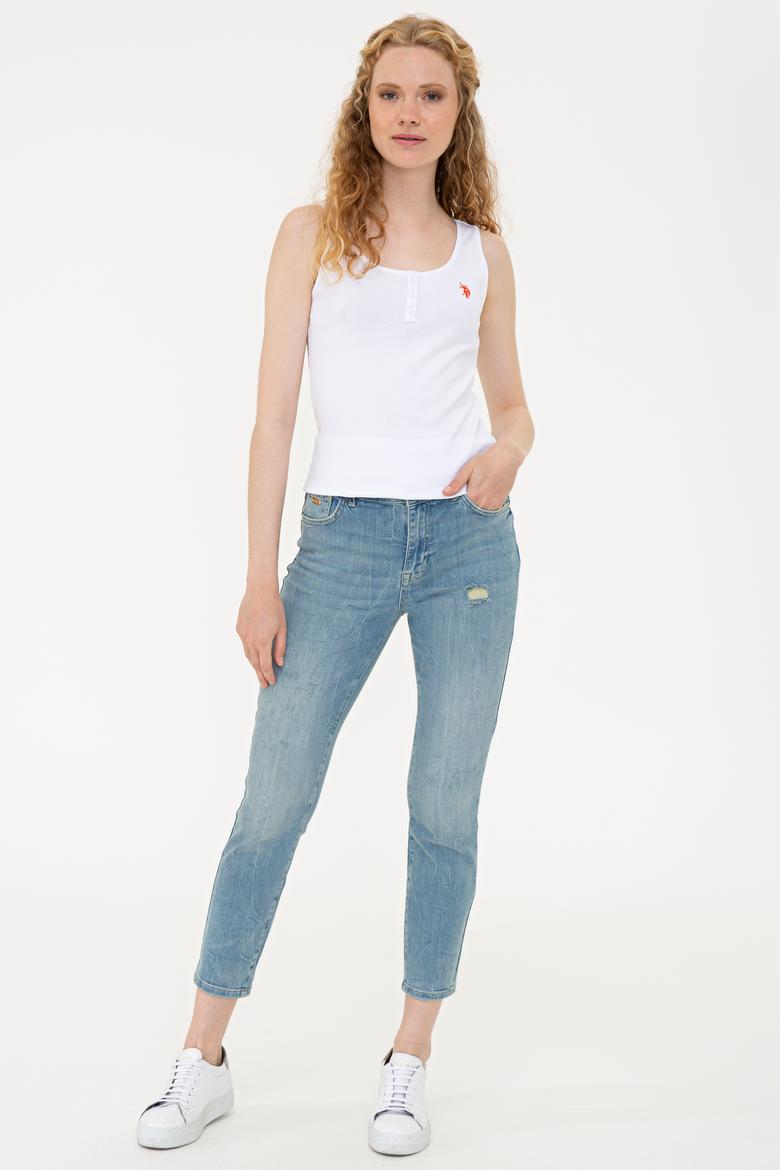 Kadın Beyaz Derin Bisiklet Yaka T-Shirt Basic - 50234724009