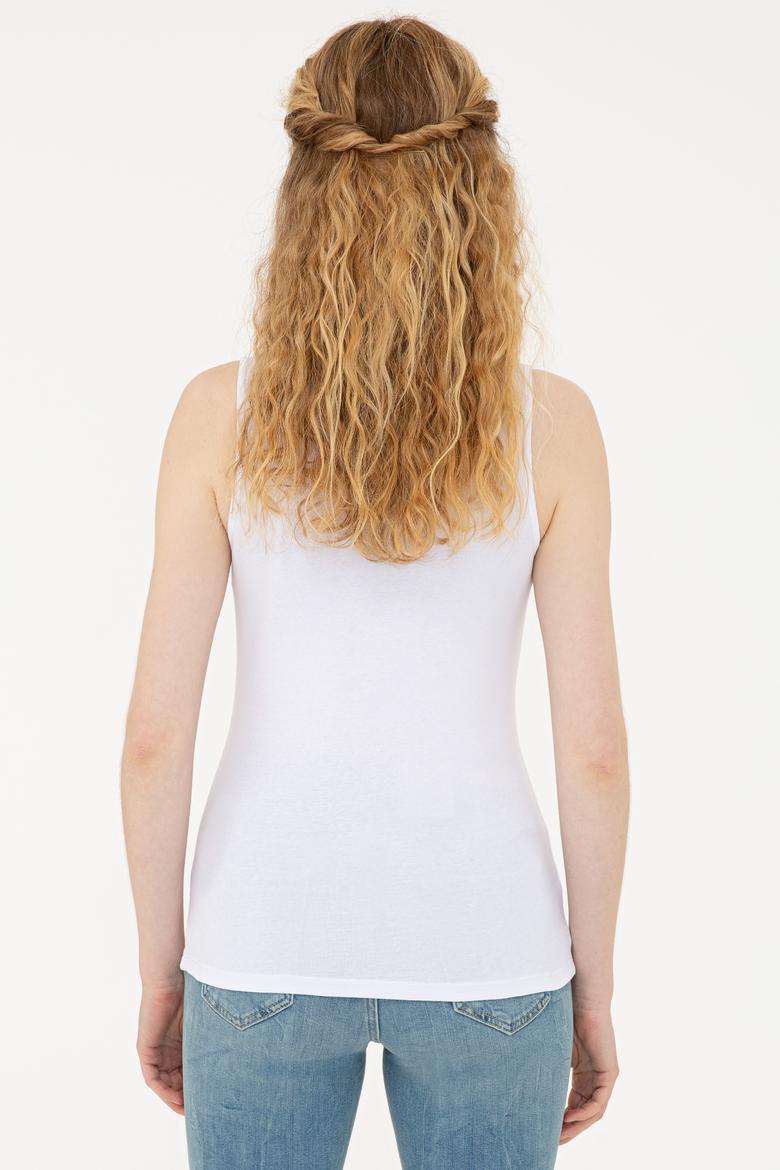 Kadın Beyaz Derin Bisiklet Yaka T-Shirt Basic - 50234724009