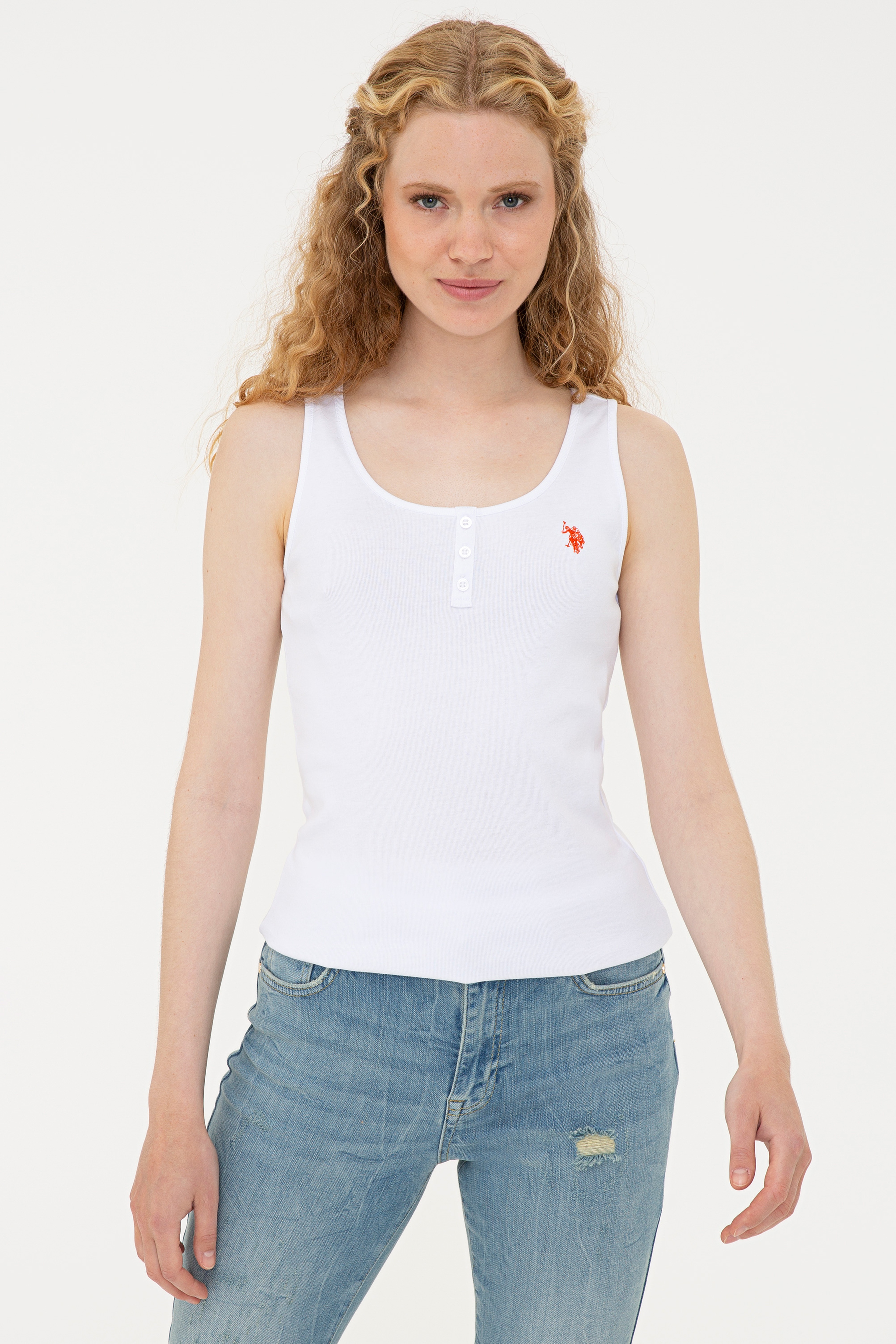 Kadın Beyaz Derin Bisiklet Yaka T-Shirt Basic - Image 1