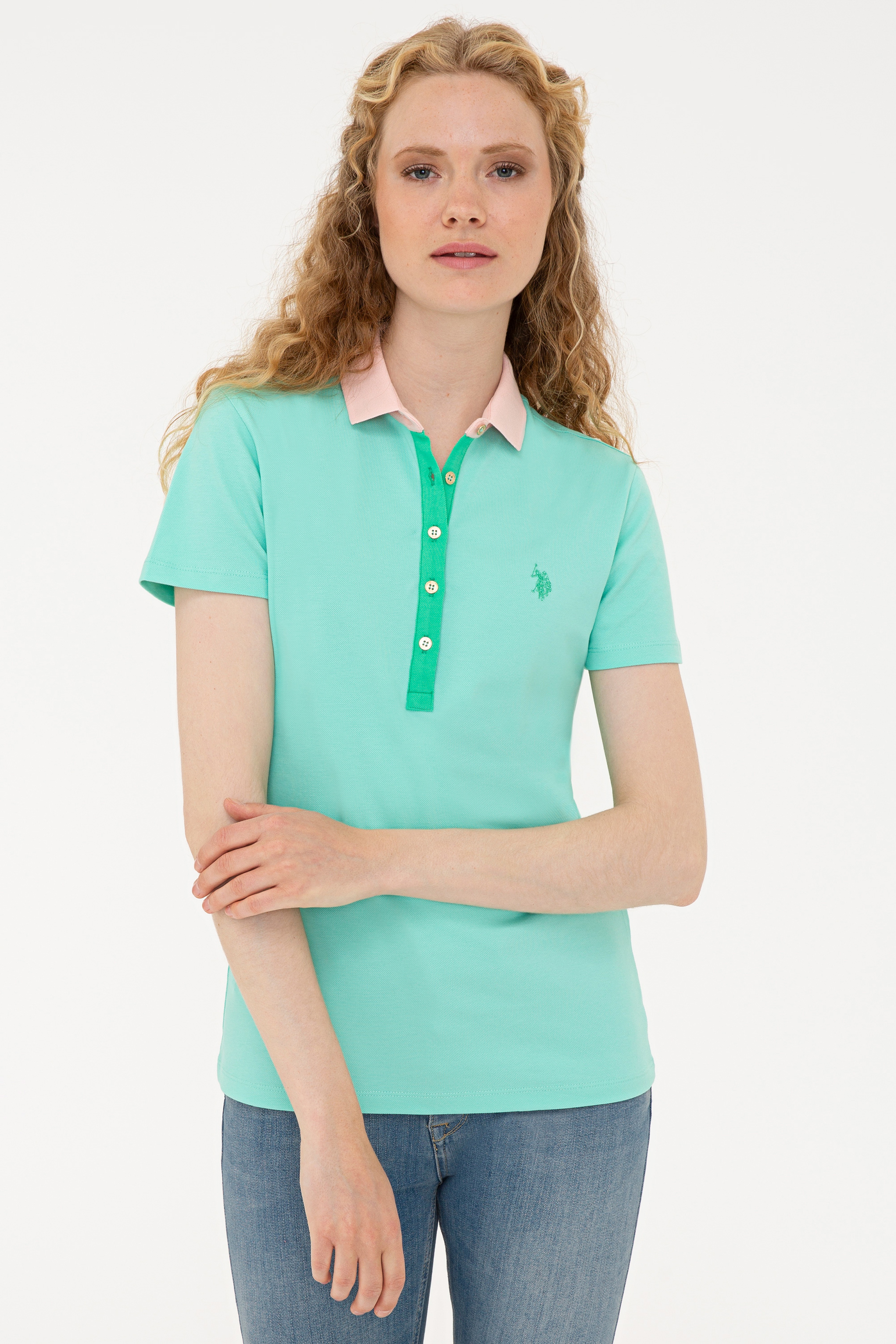 Kadın Mint Basic Polo Yaka Tişört - Image 3
