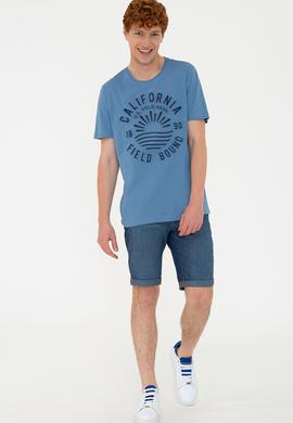 Erkek İndigo Bisiklet Yaka Tişört - 50219173041