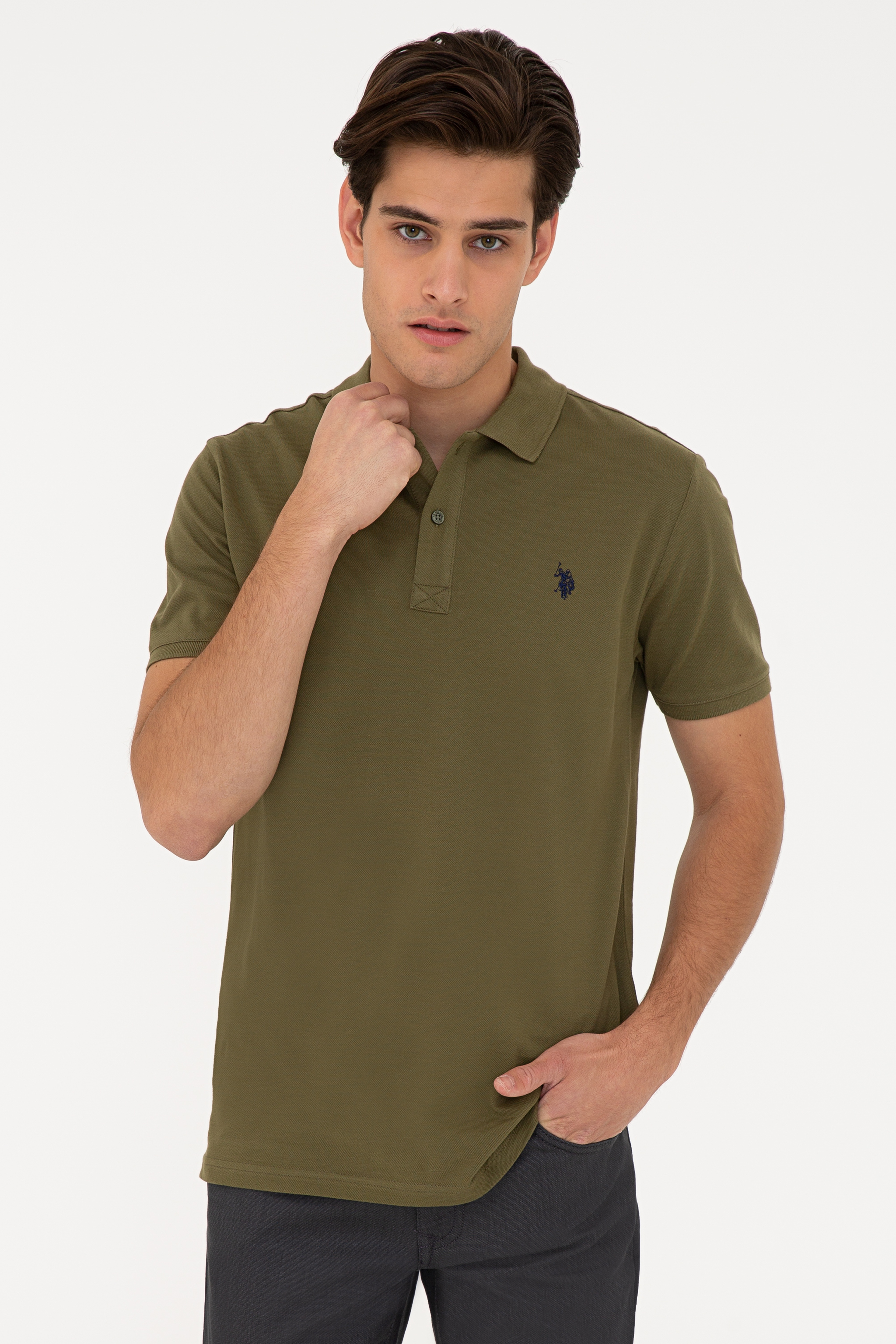 Erkek Koyu Haki Polo Yaka Basic T-Shirt - Image 1