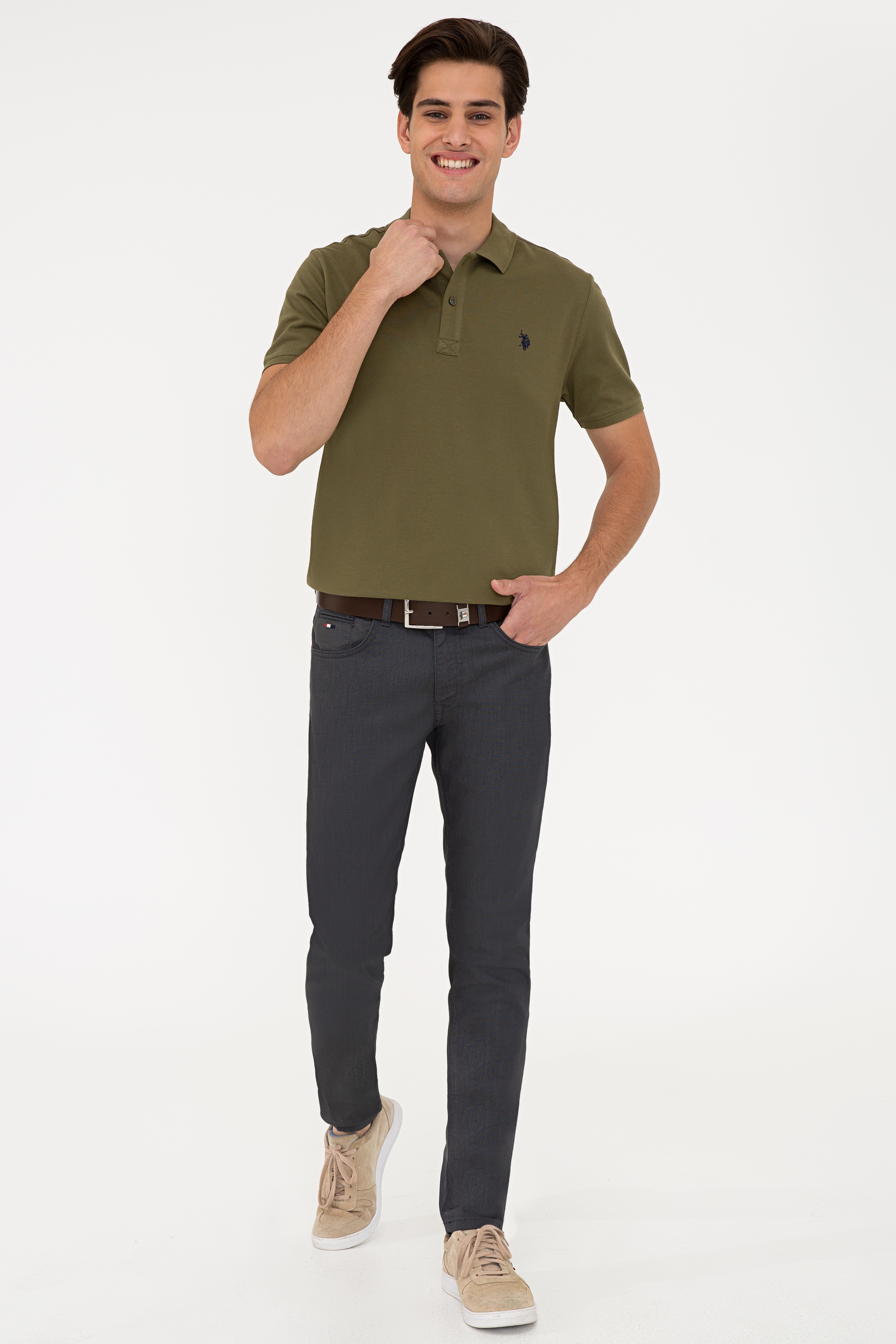 Erkek Koyu Haki Polo Yaka Basic T-Shirt - Image 4