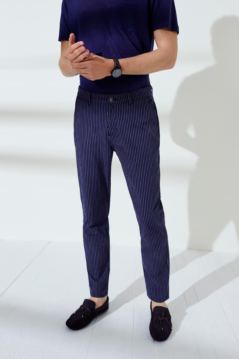 Erkek Çizgili Lacivert Chinos - 50232740003