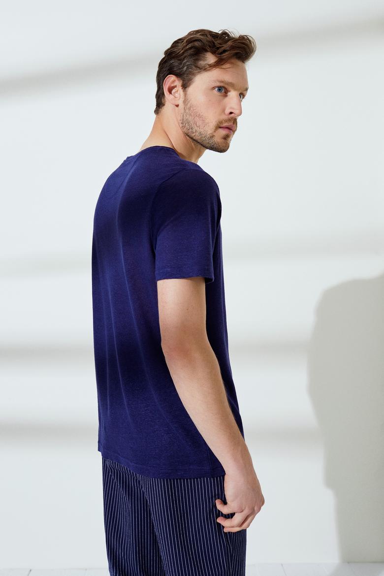 Erkek Lacivert Bisiklet Yaka T-Shirt - 50235556006
