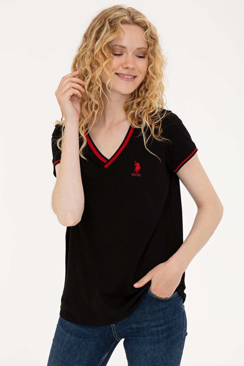 Kadın Siyah V Yaka Tişört - 50252262012