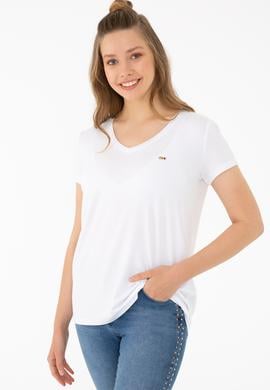 Kadın Beyaz Basic V Yaka Tişört - 50238030021