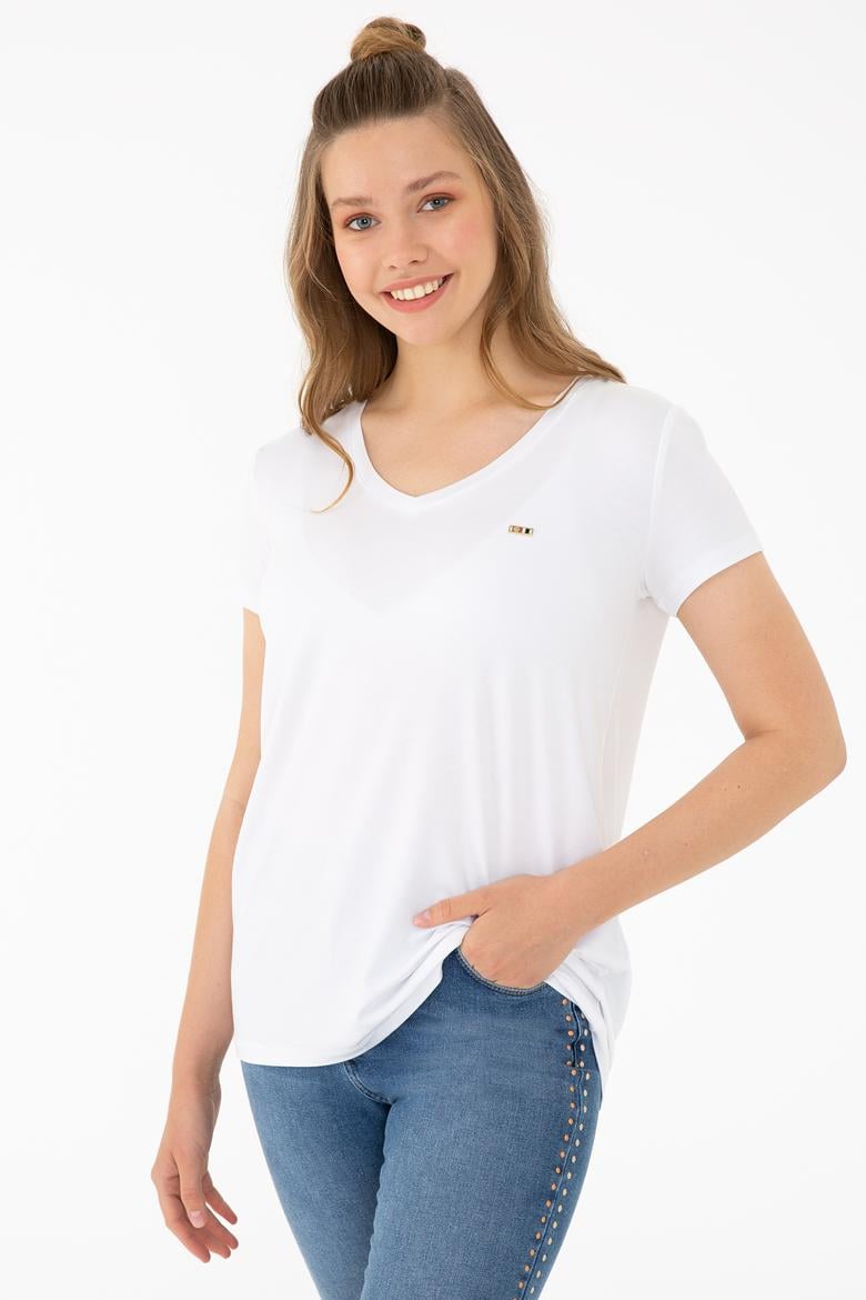 Kadın Beyaz Basic V Yaka Tişört