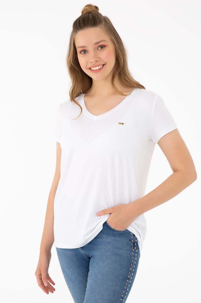 Kadın Beyaz Basic V Yaka Tişört