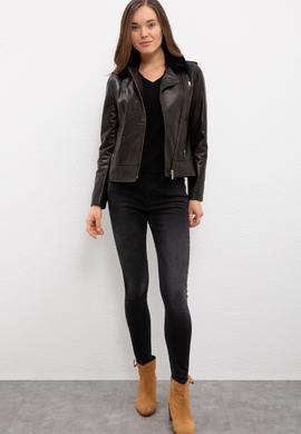 Kadın Siyah Deri Ceket - 50231361002