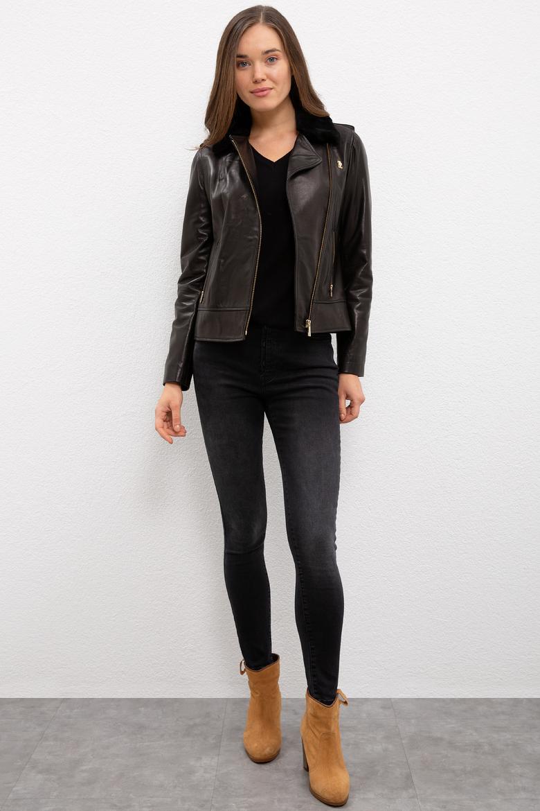 Kadın Siyah Deri Ceket - 50231361002