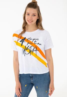 Kadın Beyaz Bisiklet Yaka T-Shirt - 50234674001