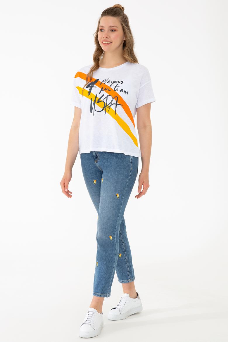 Kadın Beyaz Bisiklet Yaka T-Shirt - 50234674001