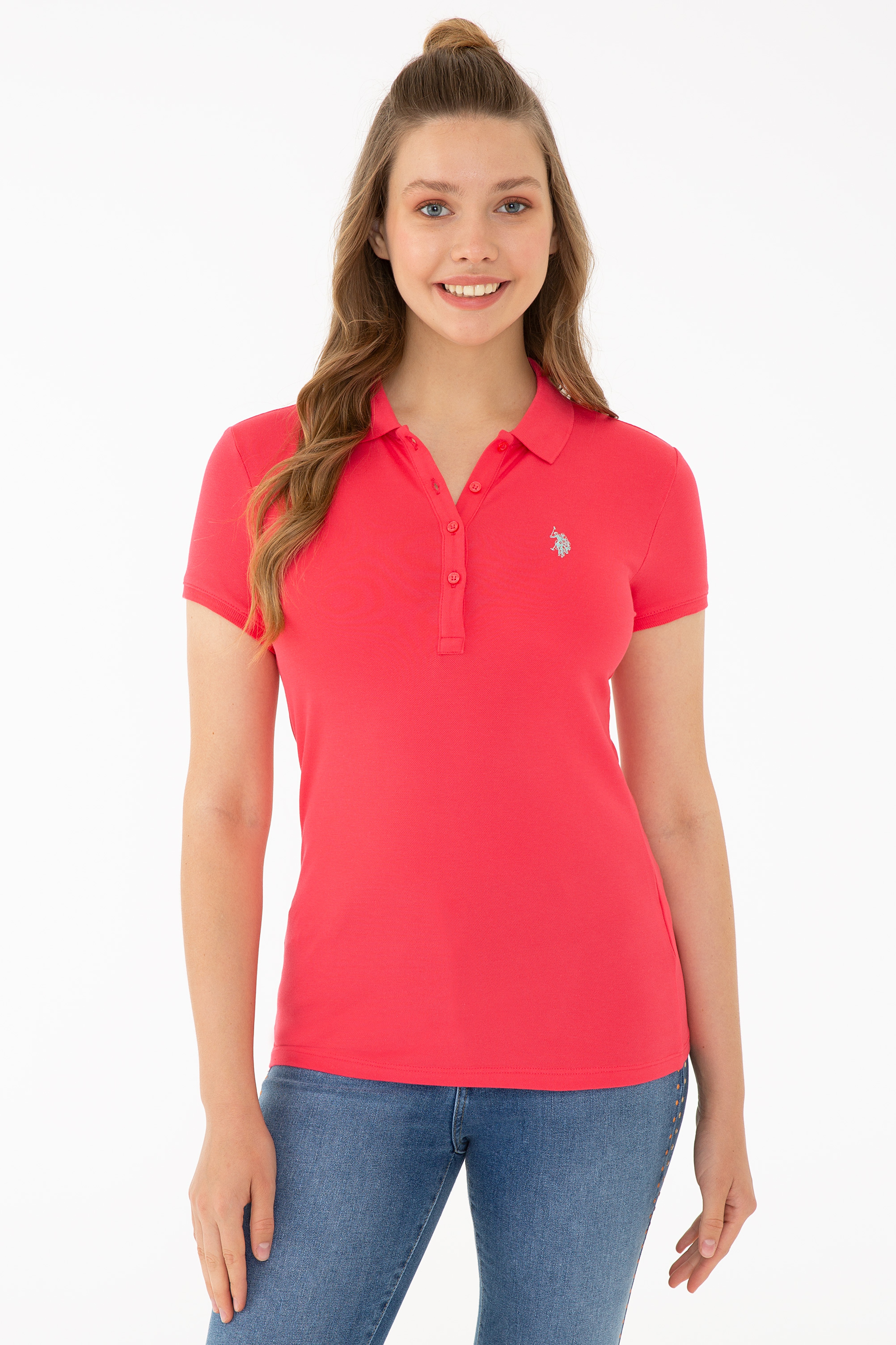 Kadın Kırmızı Basic Polo Yaka Tişört - Image 1