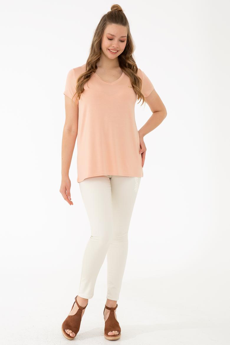 Kadın Pudra Basic V Yaka Tişört - 50238030046