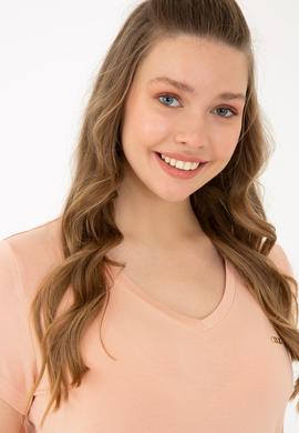 Kadın Pudra Basic V Yaka Tişört - 50238030046