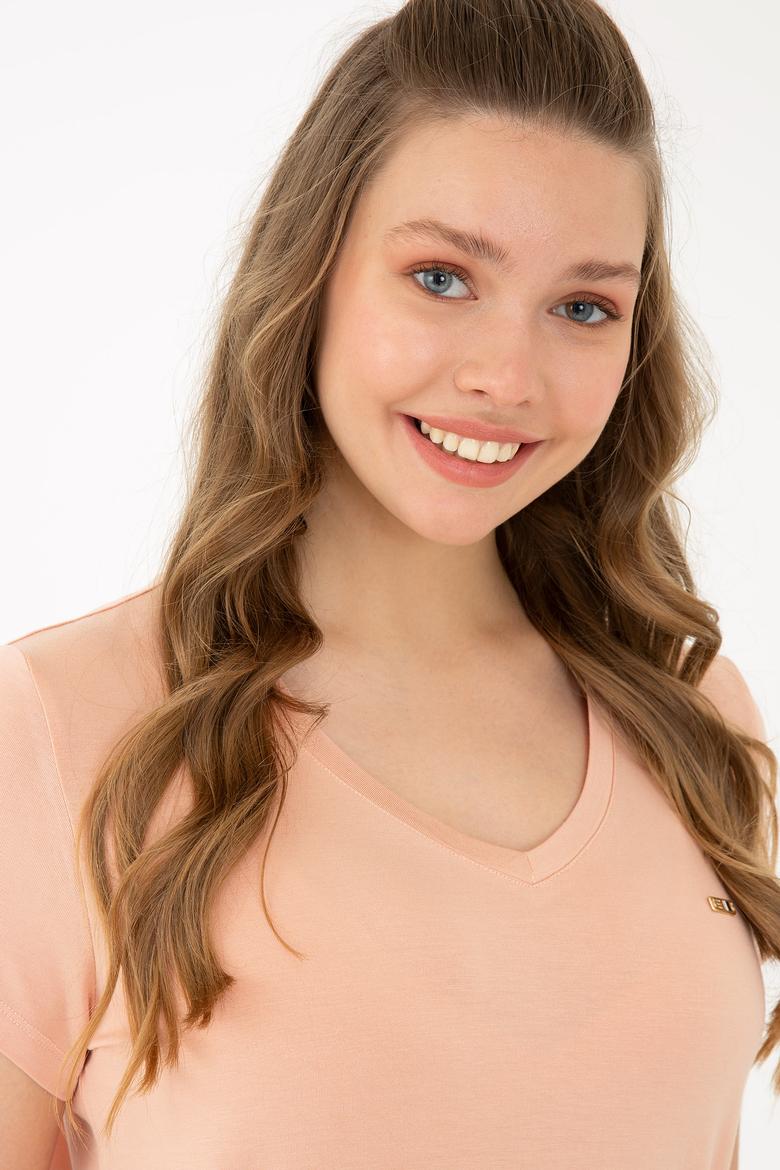 Kadın Pudra Basic V Yaka Tişört - 50238030046