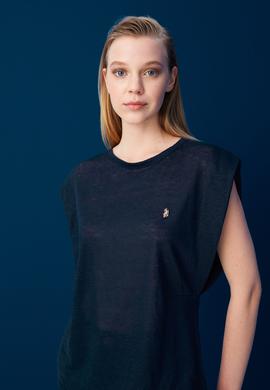 Kadın Lacivert Bisiklet Yaka Kolsuz Tişört - 50235813006