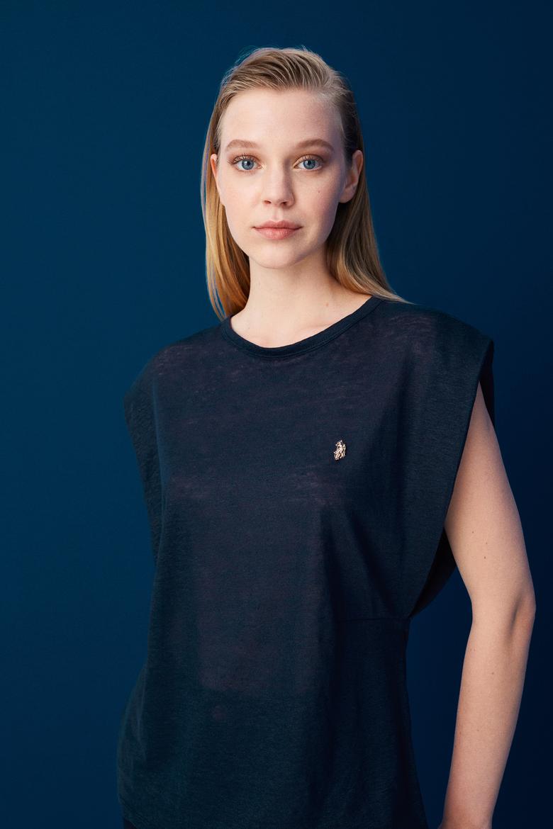 Kadın Lacivert Bisiklet Yaka Kolsuz Tişört - 50235813006